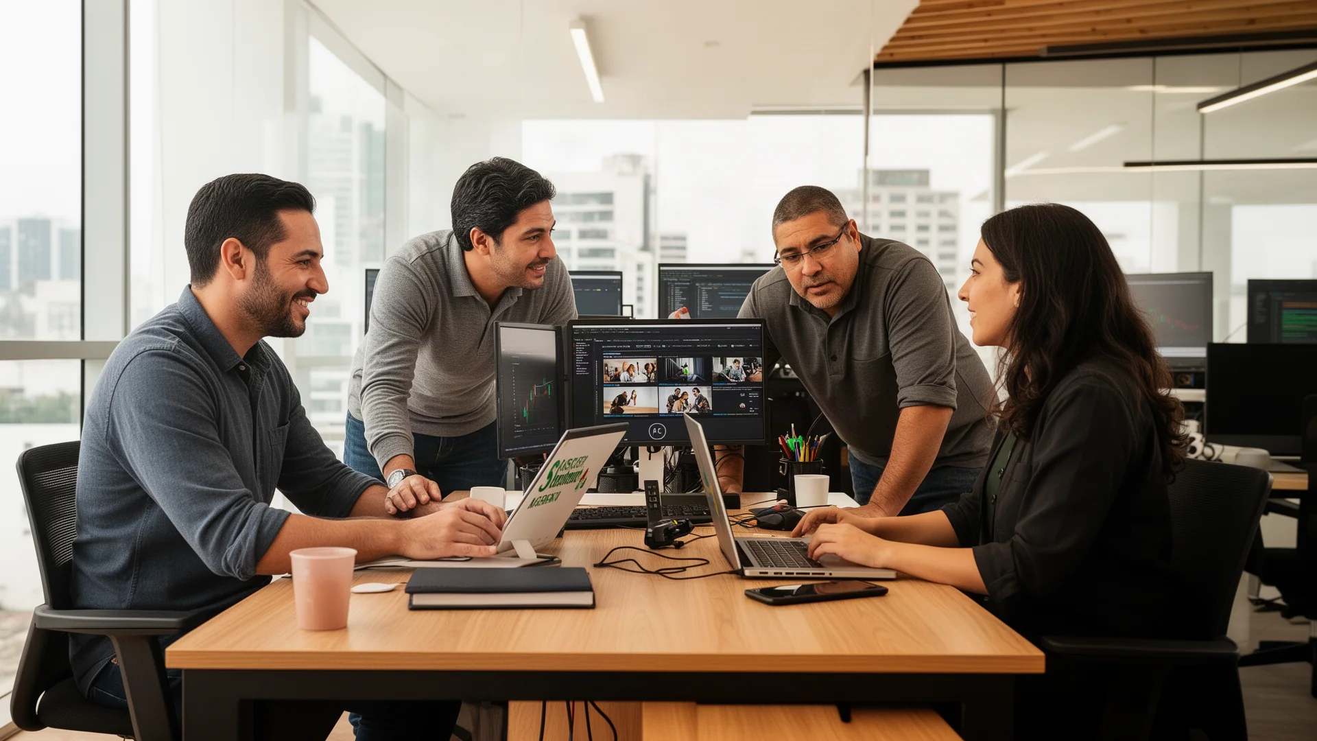 Equipo mexicano de profesionales de tecnología coordinando una operación en una oficina contemporánea